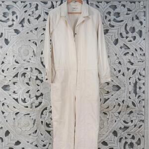 Faherty Cream 99% Organic Cotton Utility Jumpsuit M Long Sleeve Solid Workwear